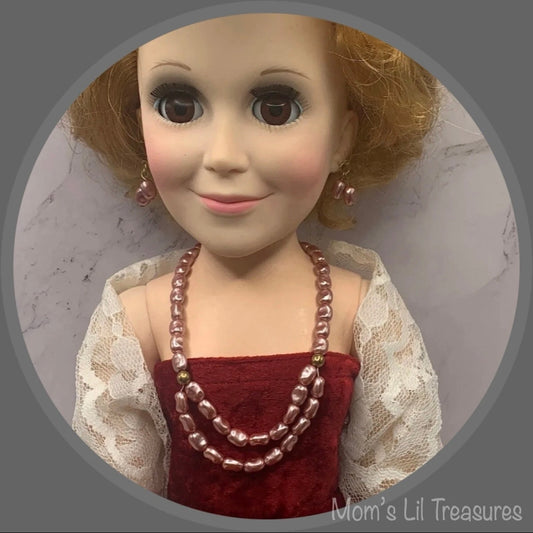 Light Purple Pearl Doll Necklace Earring Set • 18-22 Inch Vintage Doll Jewelry