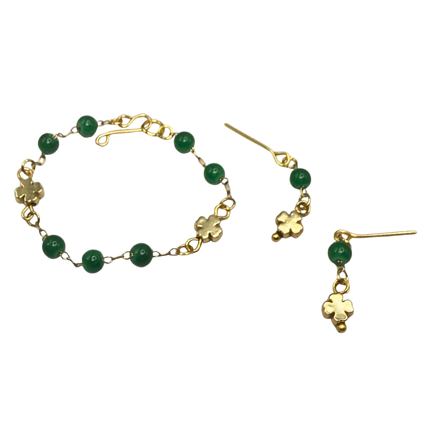 Green Beaded Gold Four- Leaf Clover Charms Doll Necklace & Earrings • 14 Inch Fashion Doll Jewelry