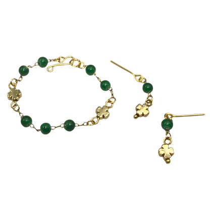 Green Beaded Gold Four- Leaf Clover Charms Doll Necklace & Earrings • 14 Inch Fashion Doll Jewelry