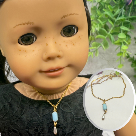 Rectangular Blue Glass & Pearl Dangle Doll Necklace • 18 Inch Fashion Doll Jewelry