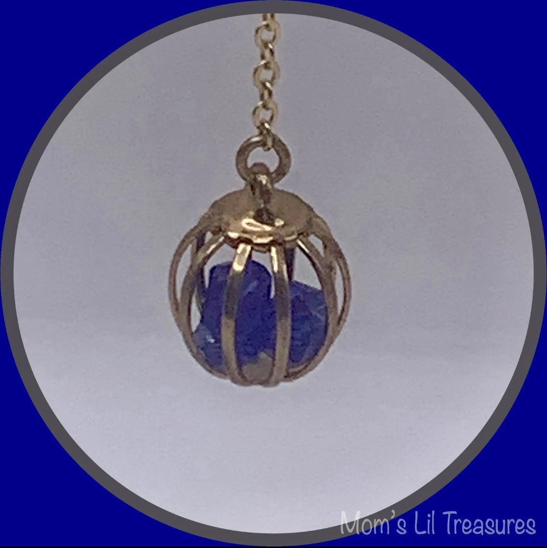 Blue Crystal and Gold Tone Chain Cage Bead Dangle Earrings - Handmade