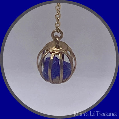 Blue Crystal and Gold Tone Chain Cage Bead Dangle Earrings - Handmade