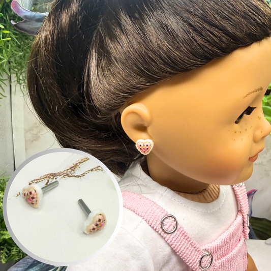 Pink Beige Lattice Design Heart Post Doll Earrings • 2mm Post for 18 Inch Fashion Doll