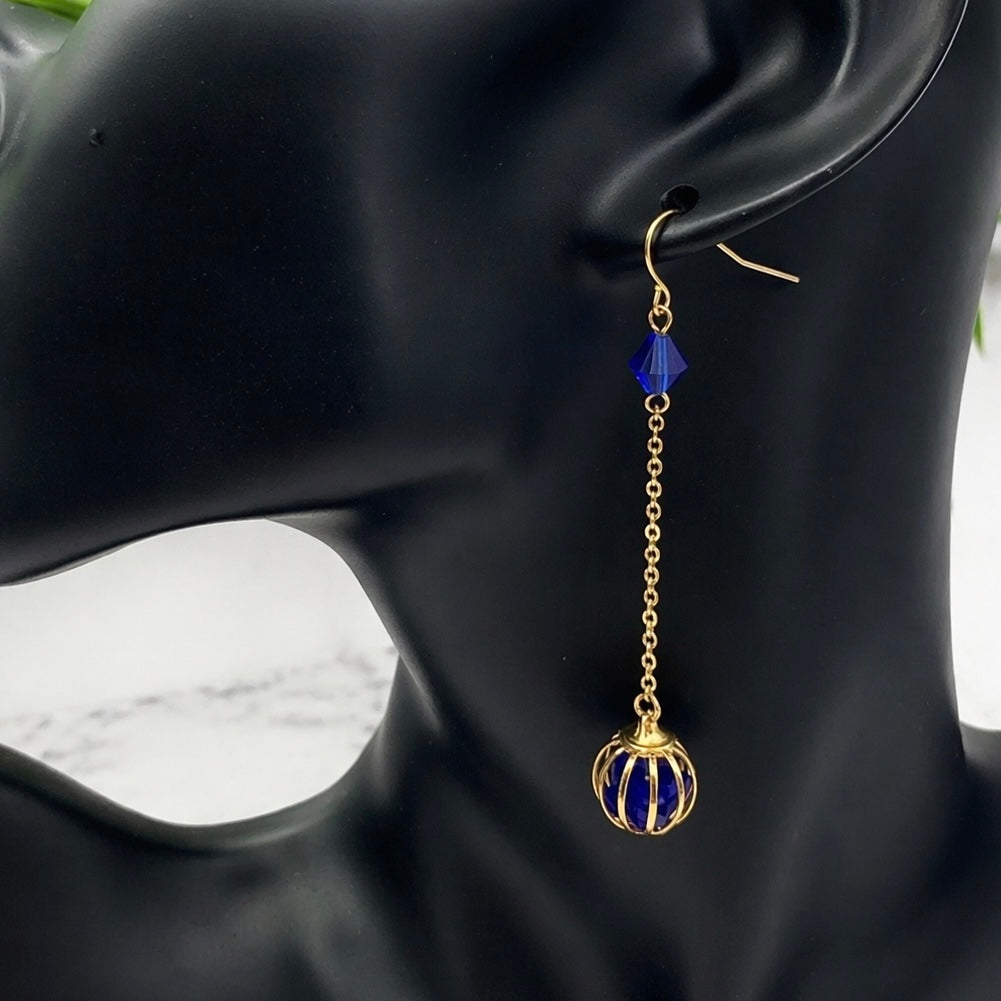 Blue Crystal and Gold Tone Chain Cage Bead Dangle Earrings - Handmade