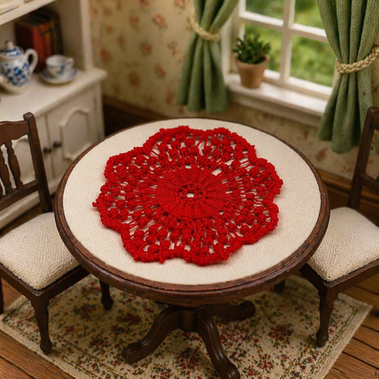 Red Crochet Fabric Round Tablecloth Doily • Dollhouse Decor Miniatures