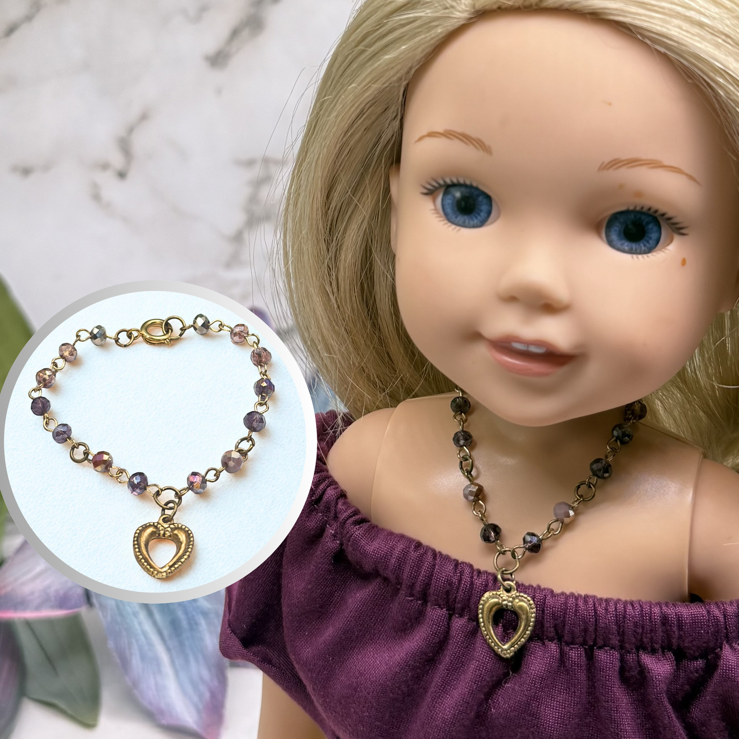 Multi Tone Purple Glass Crystal Bead Chain Gold Heart Charm Doll Necklace • 14 Inch Fashion Doll Jewelry