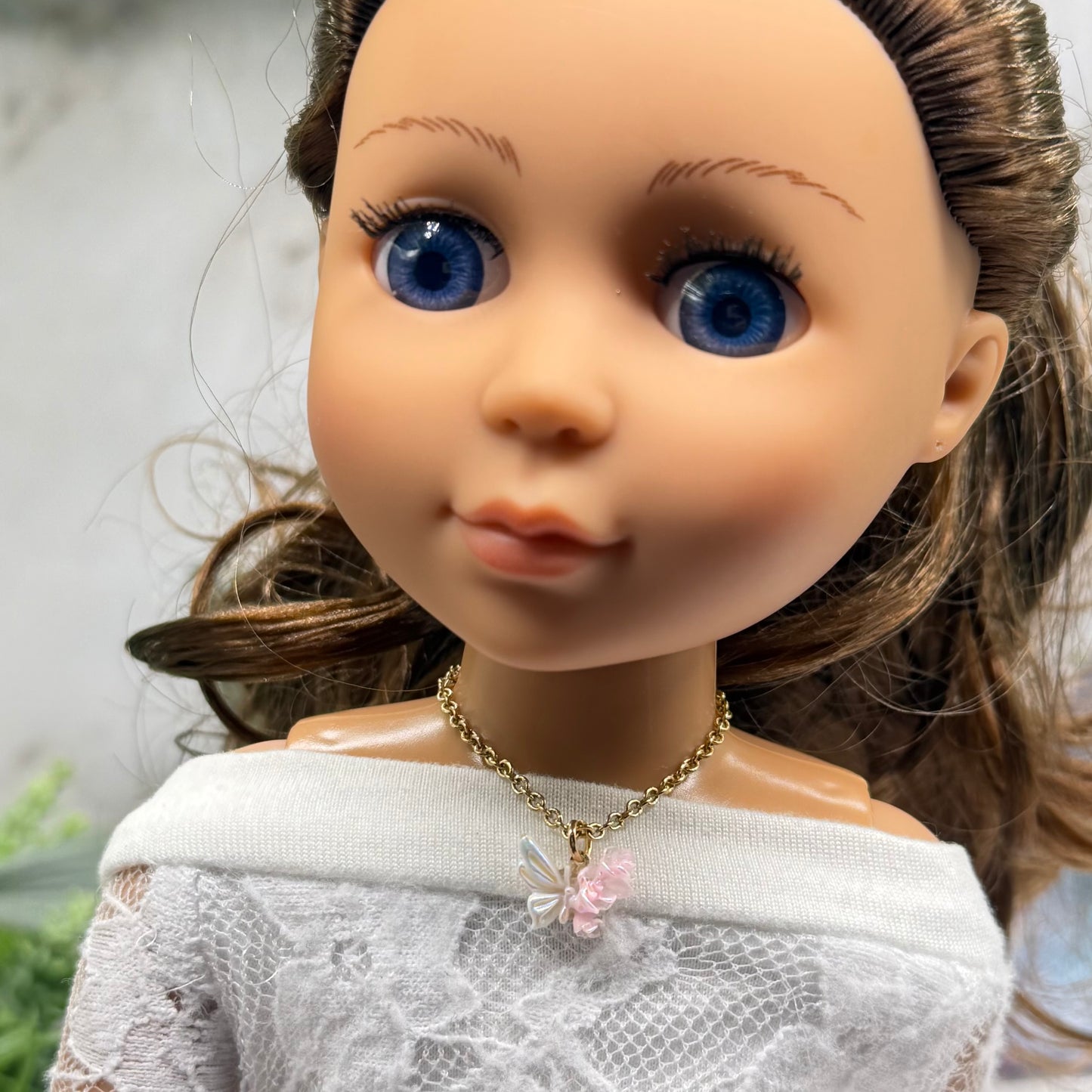 Pink & White Acrylic Butterfly Roses Charm Gold Chain Doll Necklace • 14 Inch Fashion Doll Jewelry