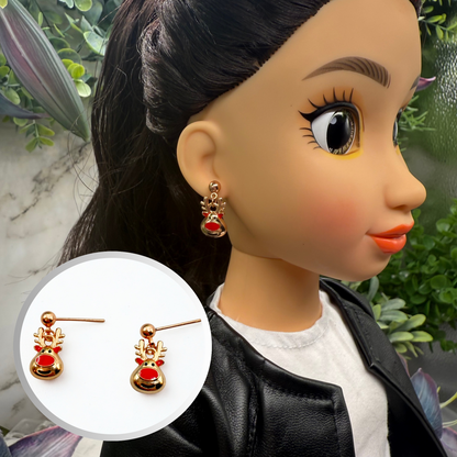 Copper Rose Gold Tone Rudolph Red Nose Reindeer Christmas Dangle Doll Earrings • 18 Inch Fashion Doll Jewelry