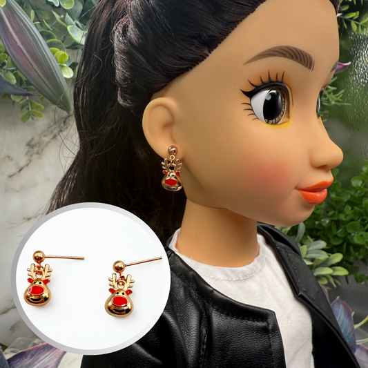 Copper Rose Gold Tone Rudolph Red Nose Reindeer Christmas Dangle Doll Earrings • 18 Inch Fashion Doll Jewelry