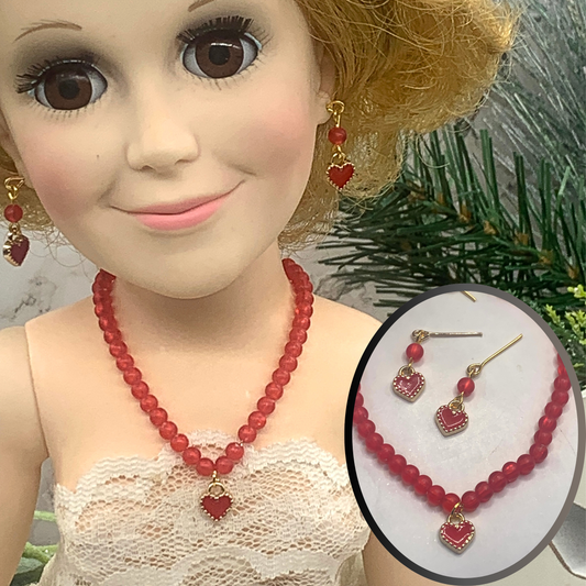 Red Gold Heart Beaded Gold Chain Necklace Earring Set 18-22” Doll Jewelry