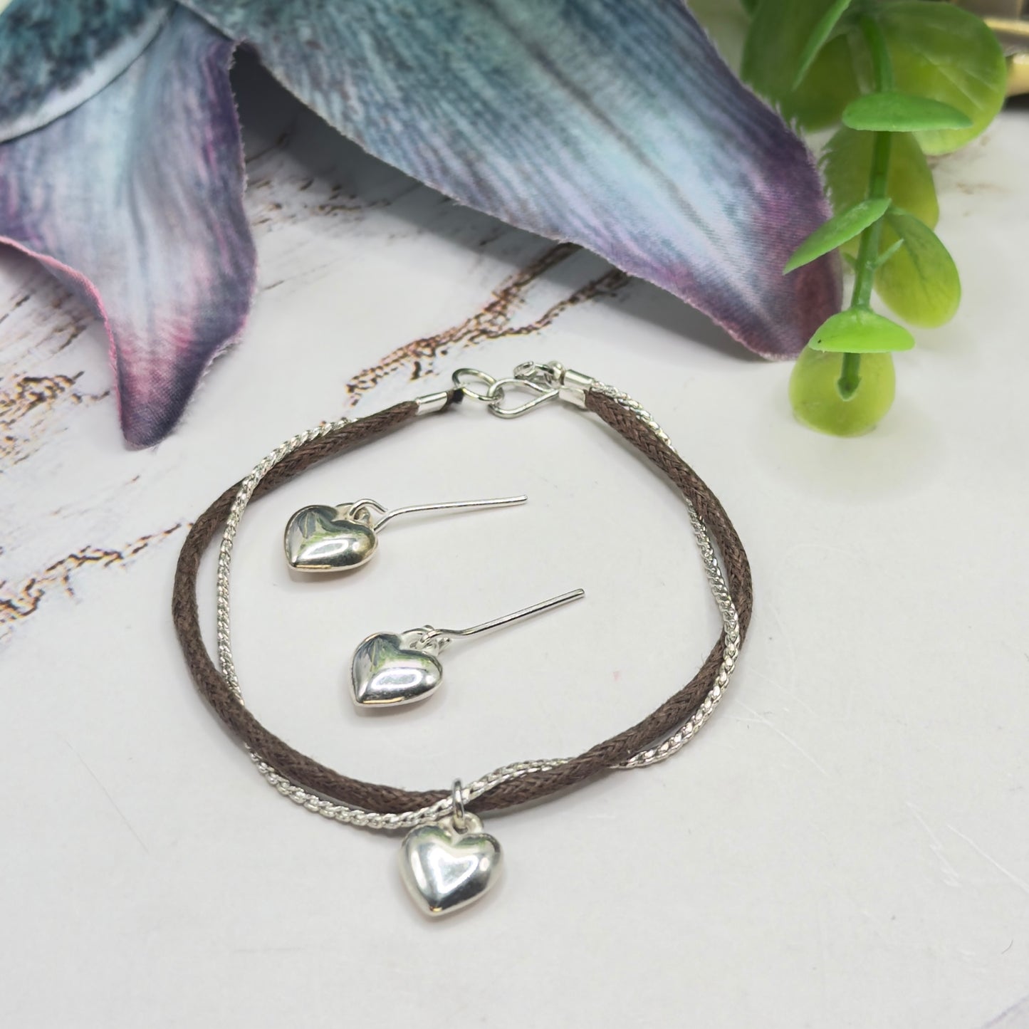 Dual Strand Brown Cord Silver Chain Heart Charm Doll Necklace & Earrings Set • 18 Inch Fashion Doll Jewelry