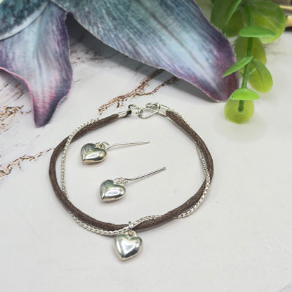 Dual Strand Brown Cord Silver Chain Heart Charm Doll Necklace & Earrings Set • 18 Inch Fashion Doll Jewelry