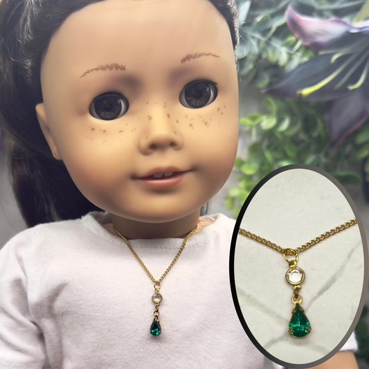 Green Teardrop Rhinestone Gold Doll Necklace • 18 Inch Fashion Doll Jewelry