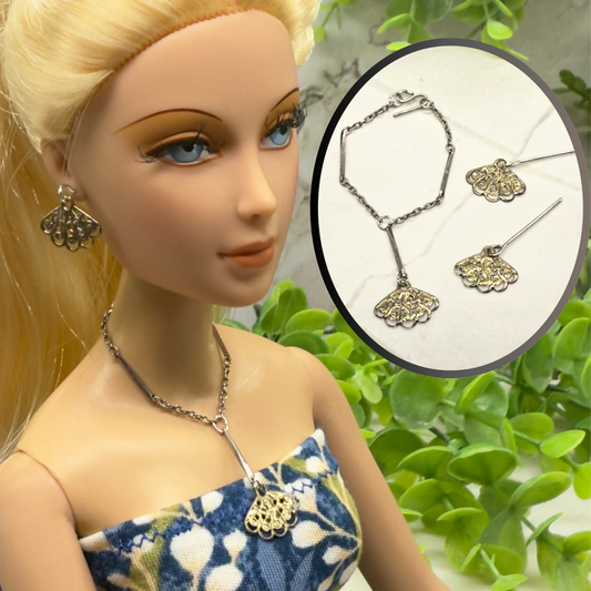 Silver & Gold Filigree Fan Dangle Doll Necklace Earring Set • 16” Doll Jewelry