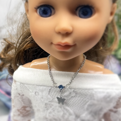 Silver Butterfly Blue Rhinestone Charm Doll Necklace • 14 Inch Fashion Doll Jewelry