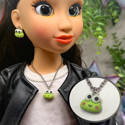 Keroppi Cute Frog Charm Necklace & Earrings Set • 18 Inch Fashion Doll Jewelry