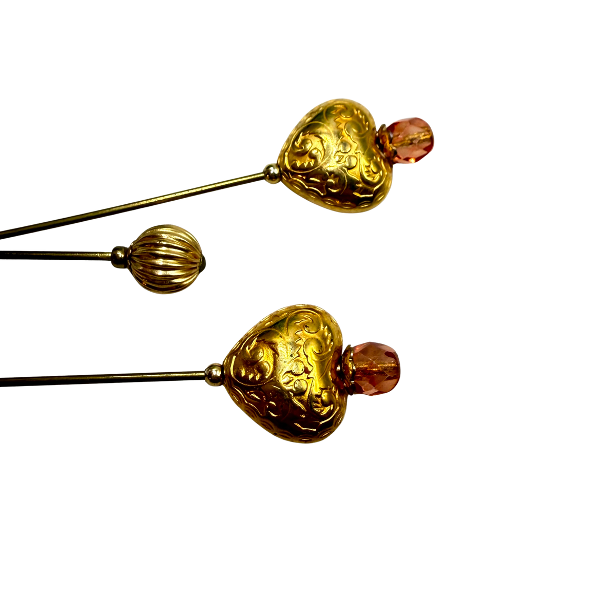 Set of 3 Stick Pins: Gold Tone Puffy Heart Floral Design Pink Glass Crystal Accent - Ribbed Design Small Round