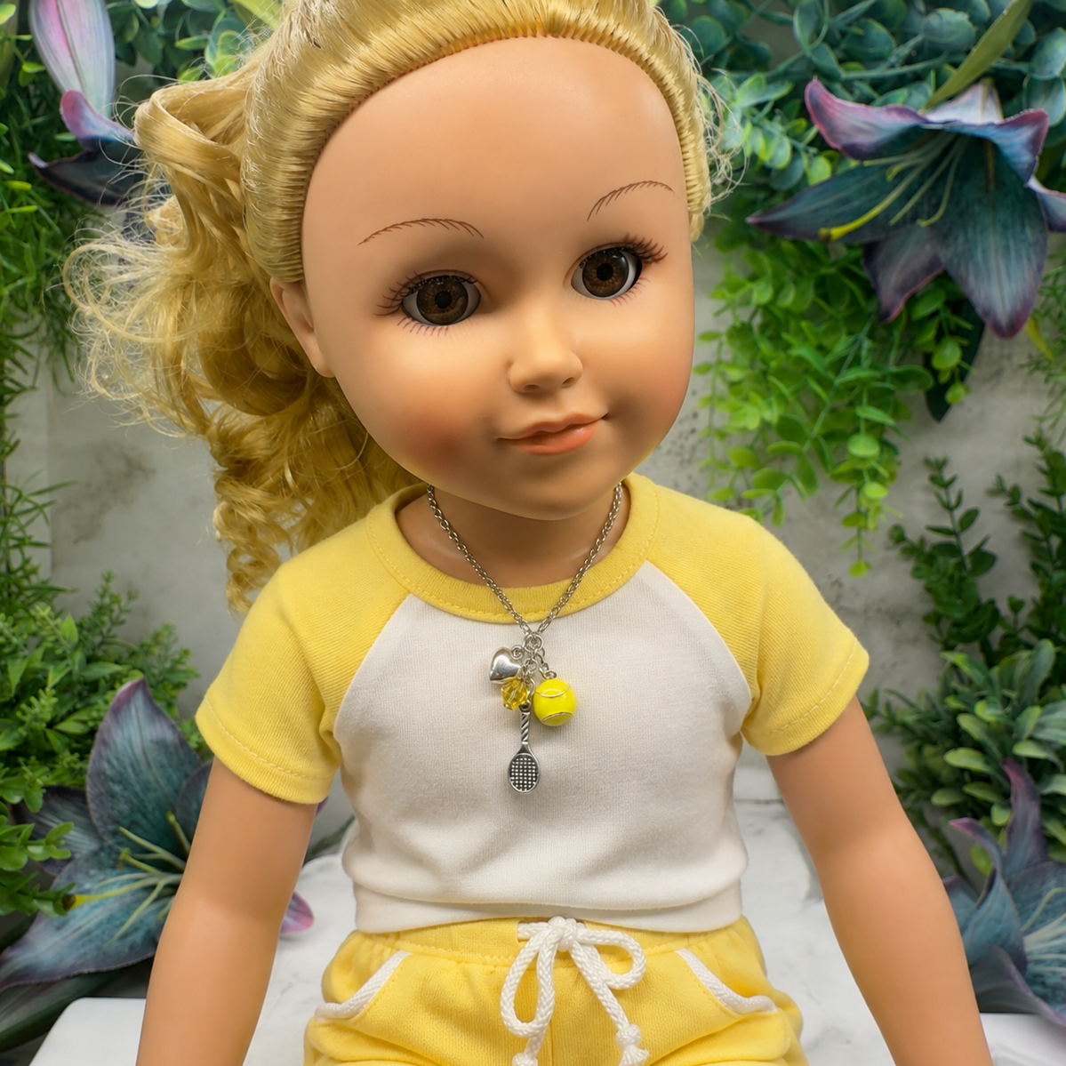 ✨Handmade Doll Jewelry Designed to Fit popular 18 Inch Fashion Dolls: add a stylish touch to your favorite doll!✨
Love Tennis Multi Charm Silver Doll Necklace
necklace shown on 18" My Life As doll 
Necklace chain measures 6.5 inches long