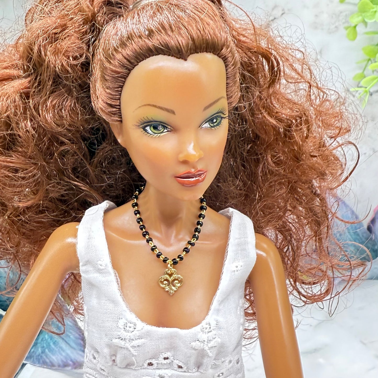 Black Glass Beaded Gold Chain Filigree Pendant Doll Necklace • 16 Inch Fashion Doll Jewelry