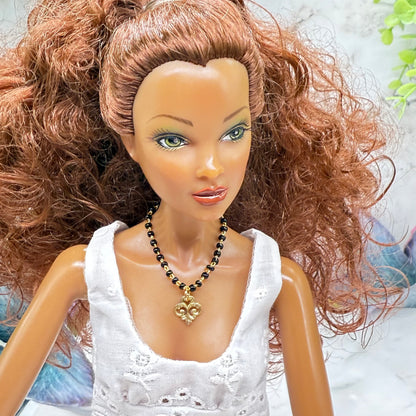 Black Glass Beaded Gold Chain Filigree Pendant Doll Necklace • 16 Inch Fashion Doll Jewelry