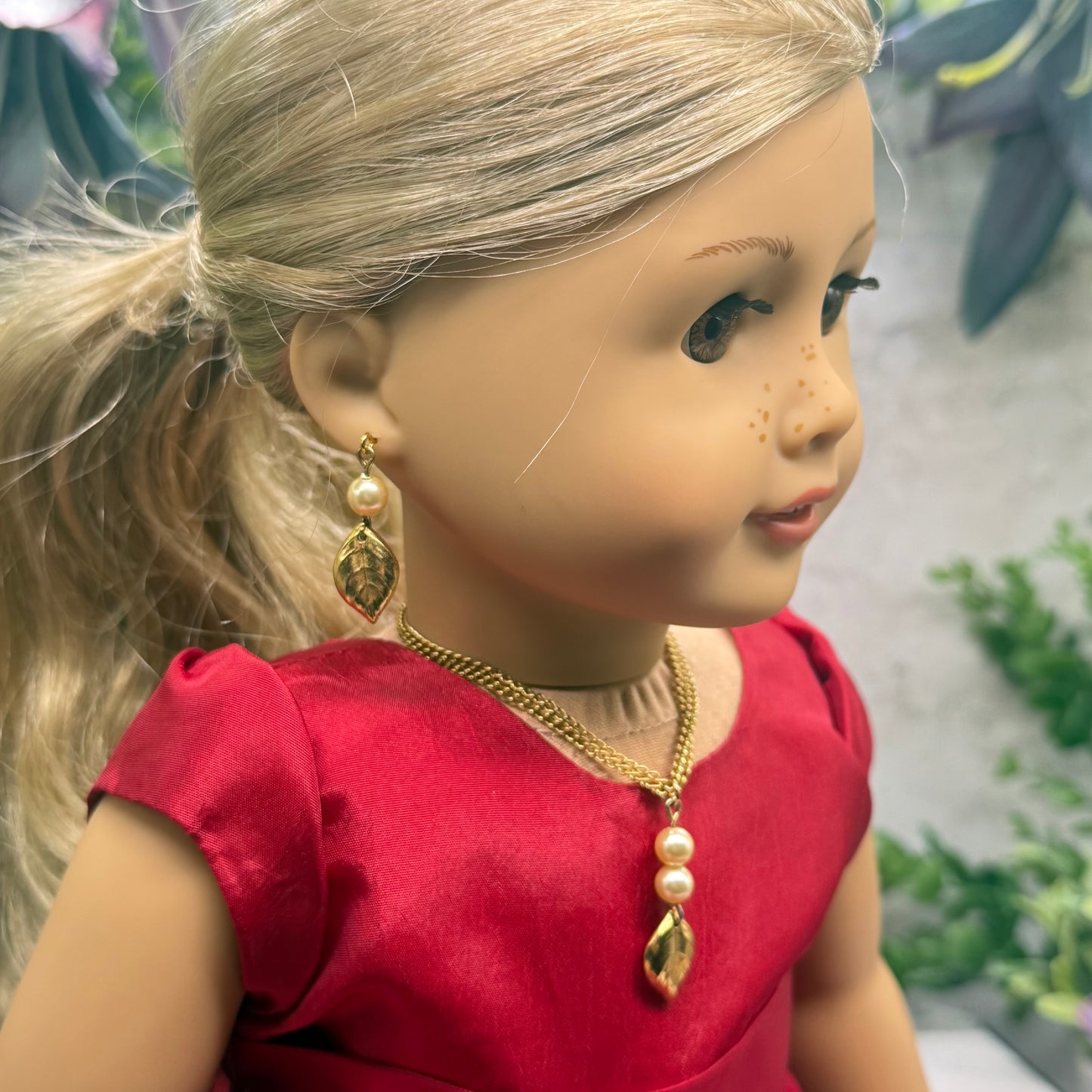 Gold Leaf & Pearl Dangle Doll Necklace & Earrings Set • 18 Inch Fashion Doll Jewelry