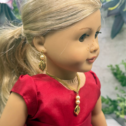 Gold Leaf & Pearl Dangle Doll Necklace & Earrings Set • 18 Inch Fashion Doll Jewelry