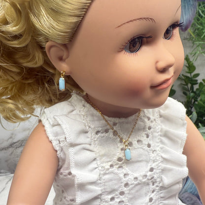Blue Glass Rectangular Dangle Gold Chain Doll Necklace Earrings Set • 18 Inch Fashion Doll Jewelry