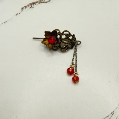 Red Rhinestone Crystal Dangles Bronze Brass Tone Metal Filigree Flower Design Doll Hair Stick • 14-18” Fashion Dolls • Doll Hair Accessories da