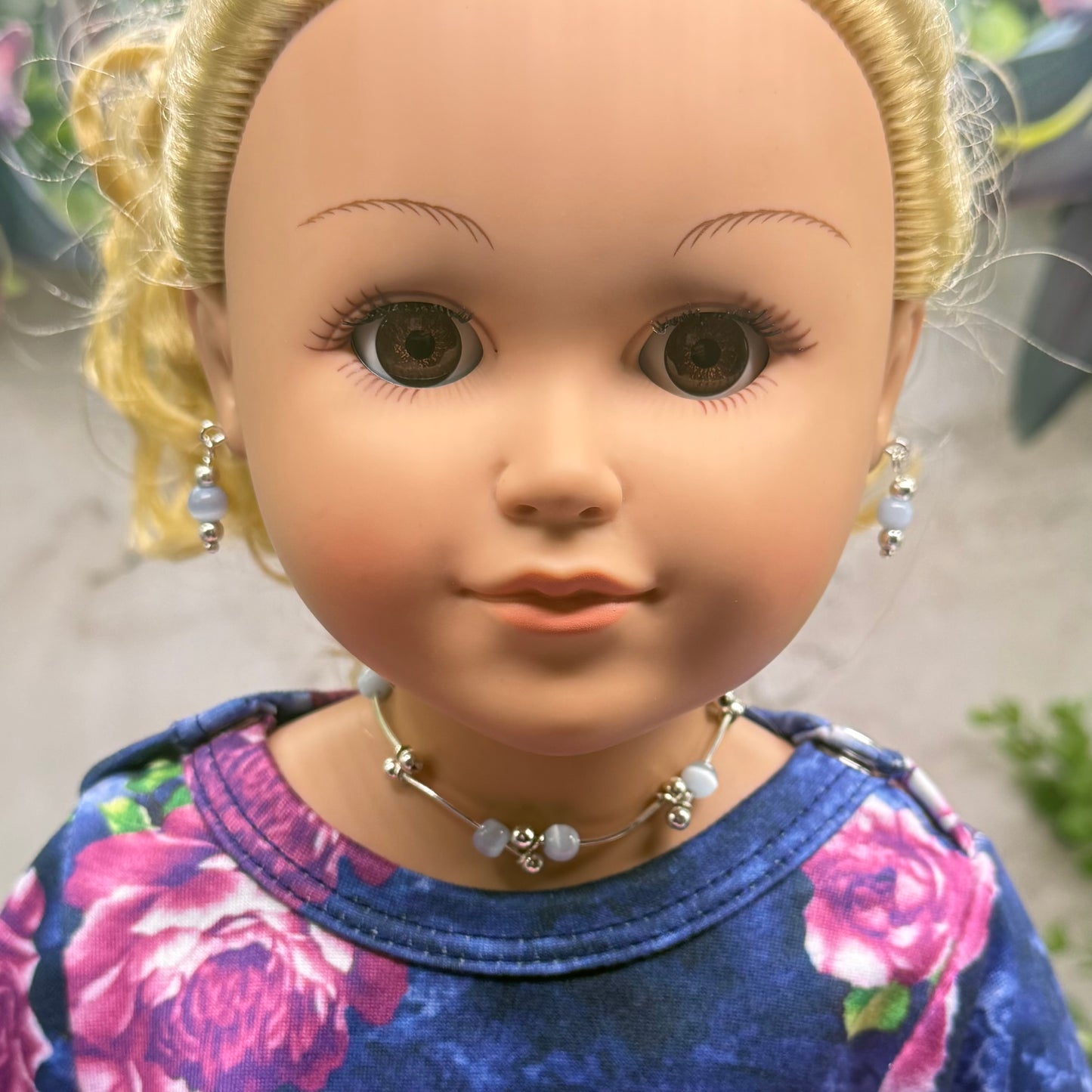 Light Blue Cat’s Eye Silver Curved Link Doll Necklace & Earrings Set • 18 Inch Fashion Doll Jewelry