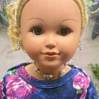 Light Blue Cat’s Eye Silver Curved Link Doll Necklace & Earrings Set • 18 Inch Fashion Doll Jewelry