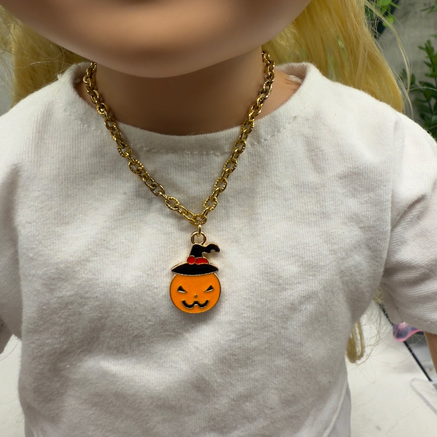 Jack-O-Lantern Halloween Pumpkin Charm Gold Chain Doll Necklace • 18 Inch Fashion Doll Jewelry