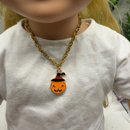 Jack-O-Lantern Halloween Pumpkin Charm Gold Chain Doll Necklace • 18 Inch Fashion Doll Jewelry