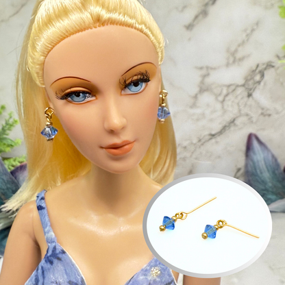 Blue Glass Crystal & Gold Dangle Doll Earrings • 16 Inch Fashion Doll Jewelry