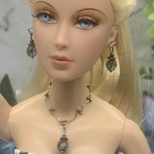 Grayish Green Crystal Silver Chain Doll Necklace Earring Bracelet Set • 16” Doll Jewelry