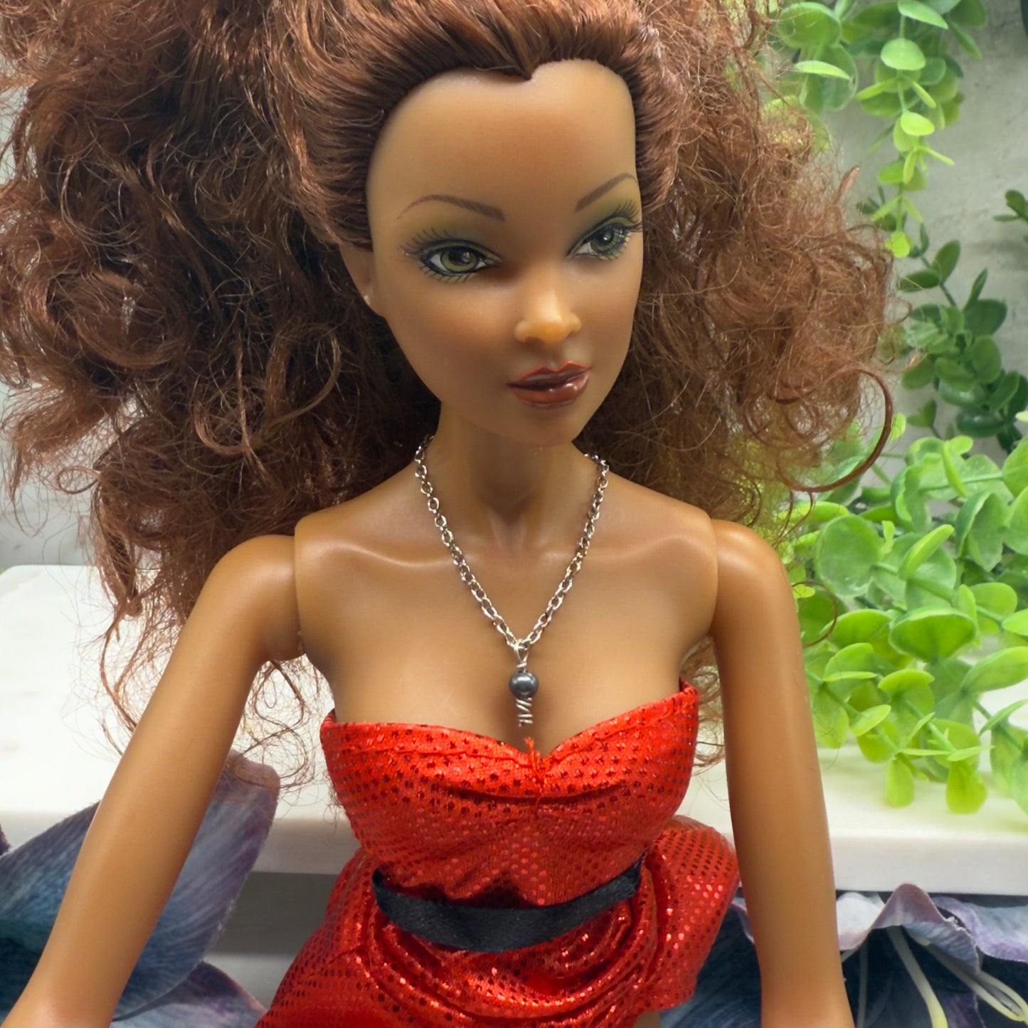 Metallic Gray Pearl Drop Pendant Silver Doll Necklace • 16” Fashion Doll Jewelry