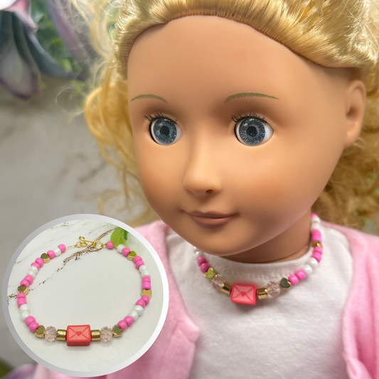 Love Letter Charm Pink White Gold Beaded Valentine’s Day Doll Necklace • 18 Inch Fashion Doll Jewelry