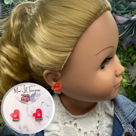 Red Christmas Mitten Silicone / Plastic Post Doll Earrings • 18 Inch Fashion Doll Jewelry