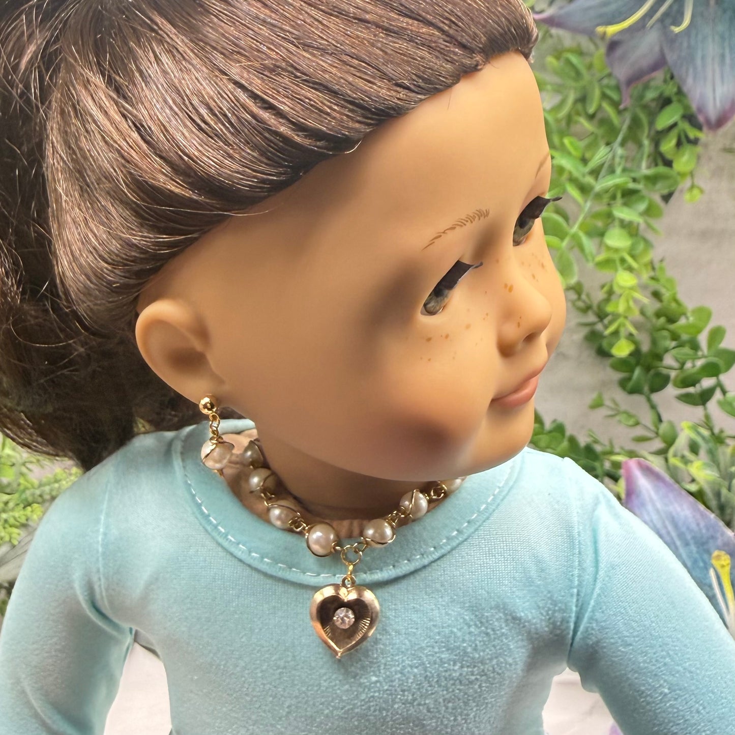 Pearl Beaded Gold Heart Rhinestone Center Necklace & Earrings • 18 Inch Fashion Doll Jewelry