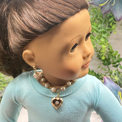 Pearl Beaded Gold Heart Rhinestone Center Necklace & Earrings • 18 Inch Fashion Doll Jewelry