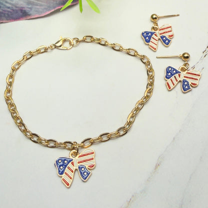 American Flag Bow Charm (Red White Blue) Doll Necklace & Earrings for 18 Inch Fashion Doll