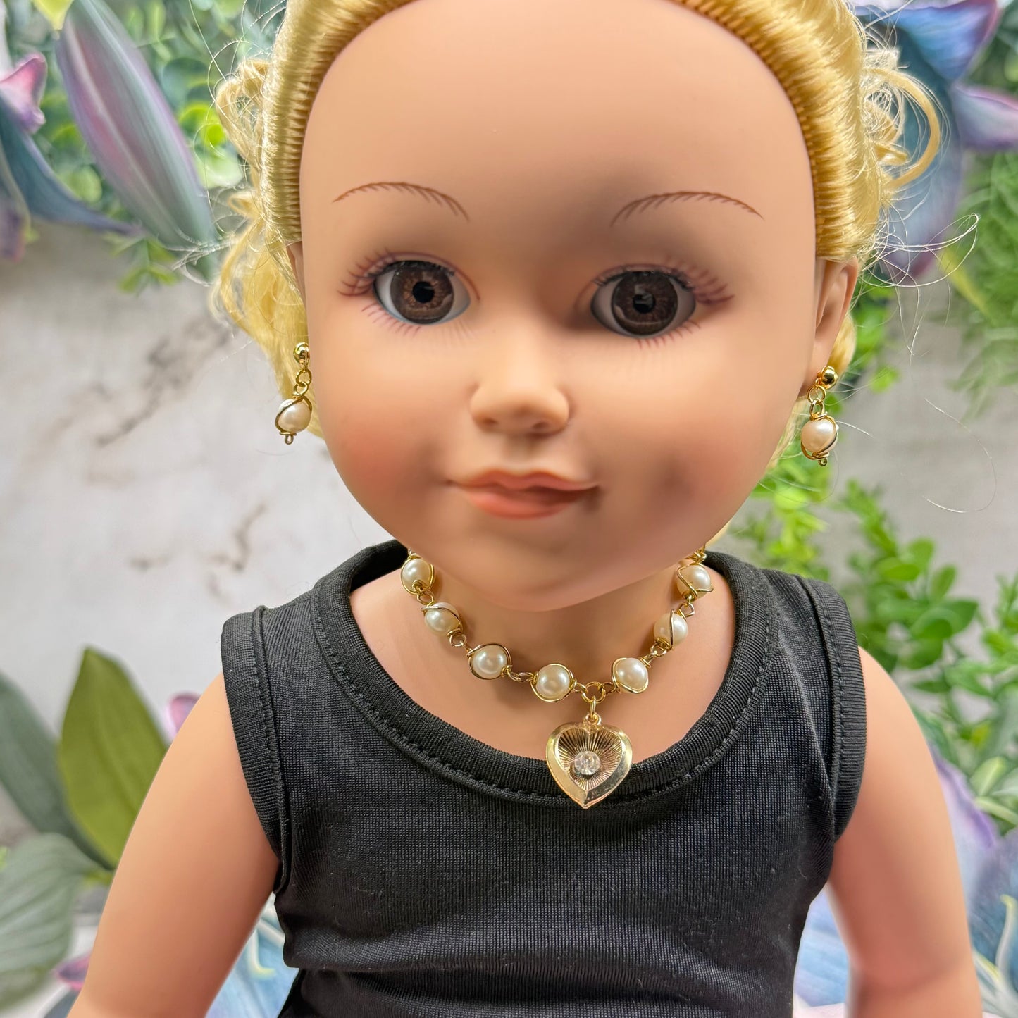 Gold Heart Rhinestone Accent Charm Pearl Link Doll Necklace & Earrings • 18 Inch Fashion Doll Jewelry