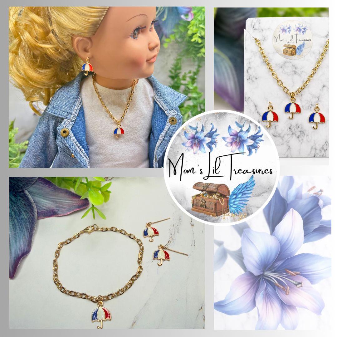 Red White Blue Patriotic Umbrella Charm Doll Necklace & Earrings for 18 Inch Fashion Doll