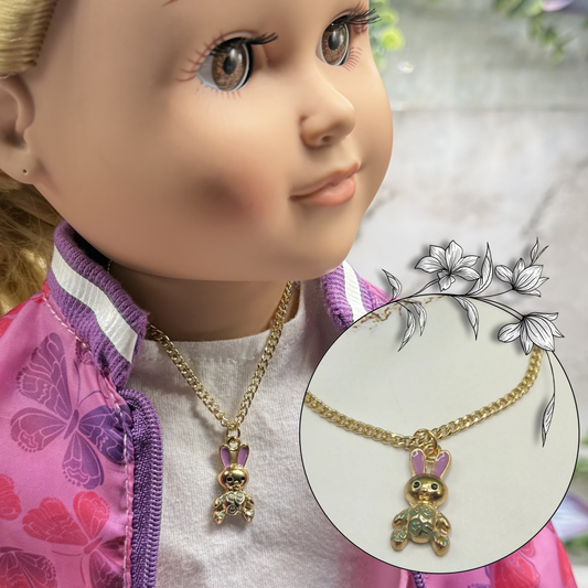 Bunny Purple & Green Enamel Detail Charm Doll Necklace Easter • 18 Inch Fashion Doll Jewelry