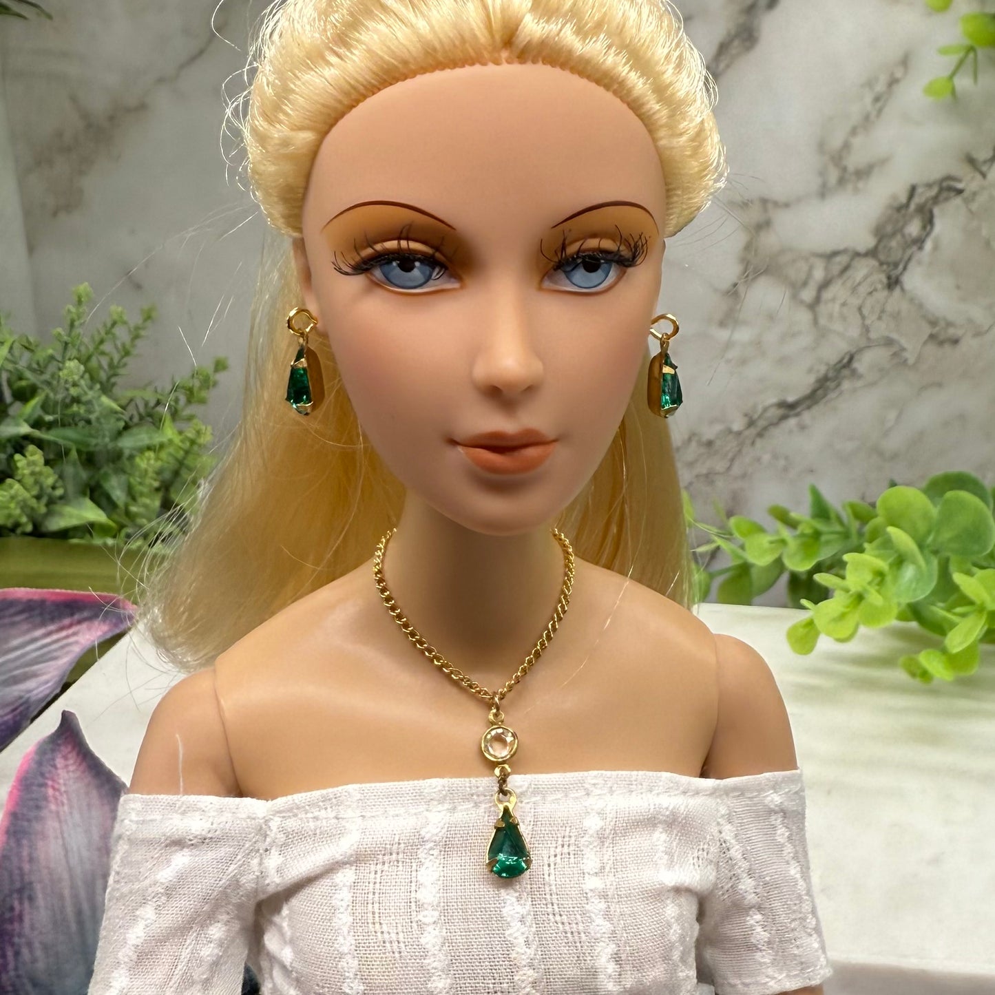 Green Rhinestone Teardrop Gold Doll Necklace Earring Set • 16 Inch Doll Jewelry