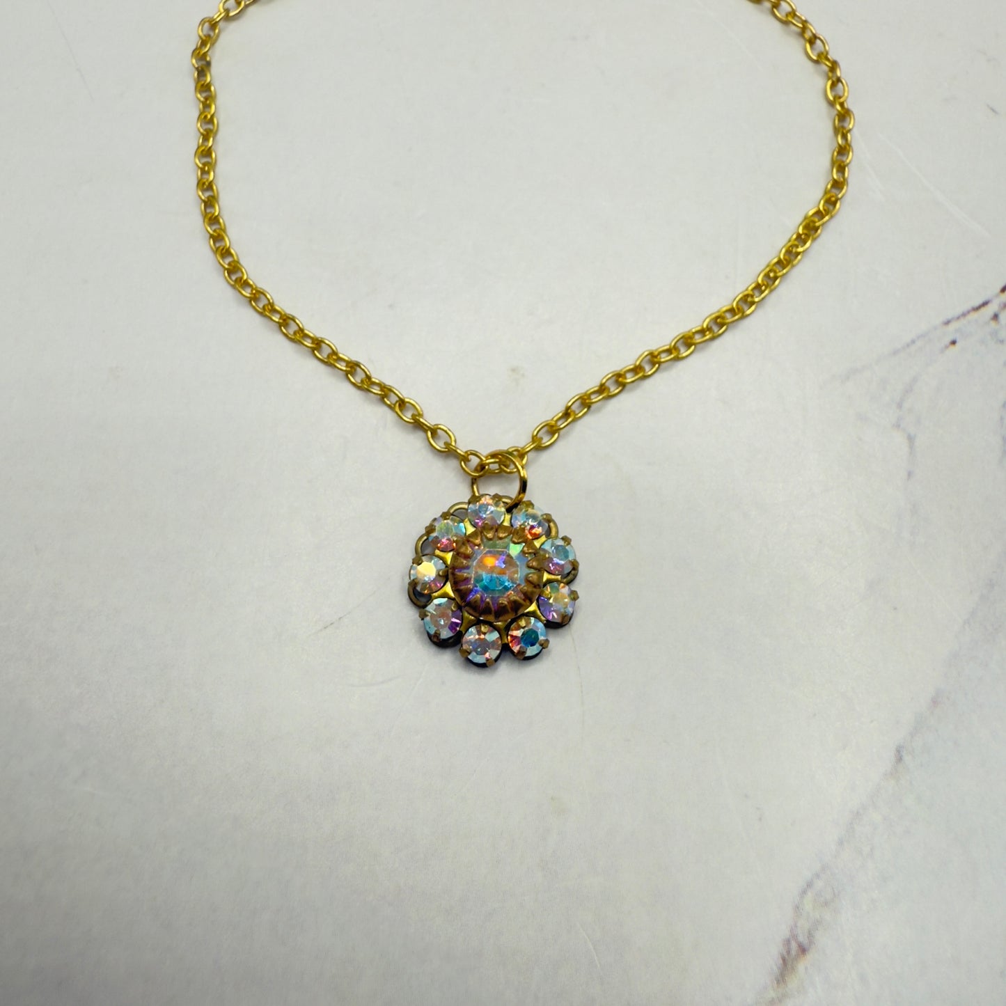 Aurora Borealis Rhinestone Flower Shape Pendant Gold Doll Necklace • 18 Inch Fashion Doll Jewelry