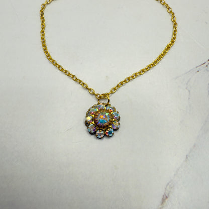 Aurora Borealis Rhinestone Flower Shape Pendant Gold Doll Necklace • 18 Inch Fashion Doll Jewelry
