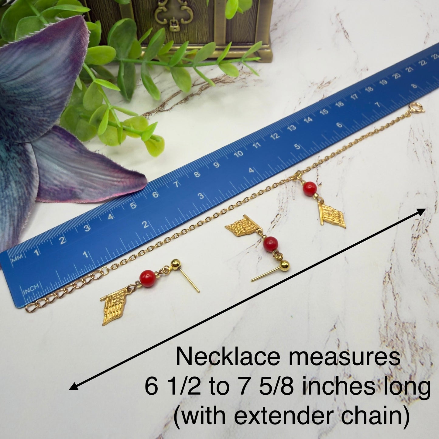 Red Bead Gold Flag Dangle Doll Necklace & Earrings Set for 18 Inch Fashion Doll
