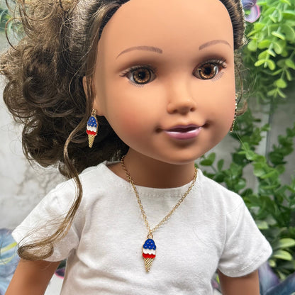Red White Blue Patriotic Ice Cream Cone Charm Doll Necklace & Earrings Set for 18 Inch Fashion Doll