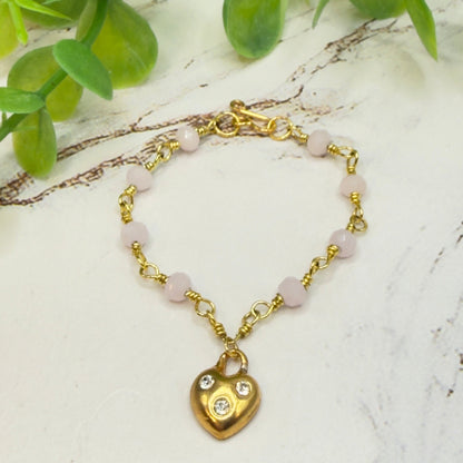 Light Pink Glass Bead Gold Heart Charm Doll Necklace • 14 Inch Fashion Doll Jewelry