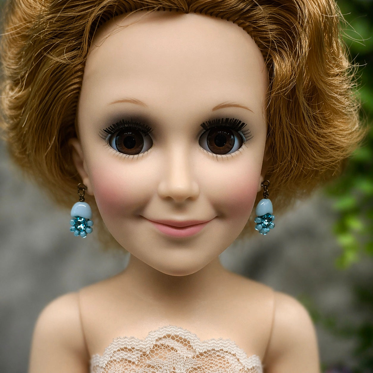 Light Blue Glass Rhinestone Flower Dangle Doll Earrings for 18-22” Vintage Doll